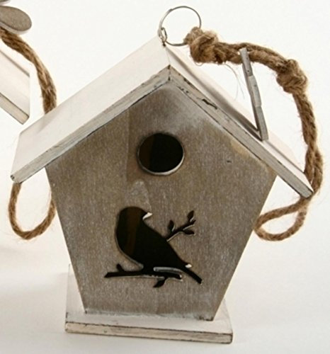 Shophaus24 Mini Vogelhaus Vintage grau weiß mit Strick Hänger. 12,5cm x 11,5cm. 1 Stück