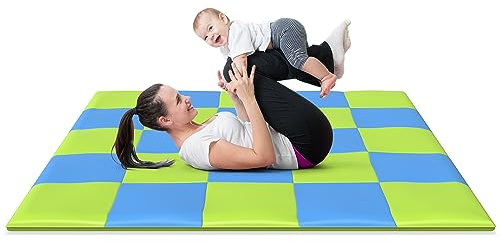 Tapis de jeu XXL pour bébé ou enfant - Très confortable (rembourrage en mousse viscoélastique), lavable et imperméable - Carreaux verts et bleus - 148 x 148 cm