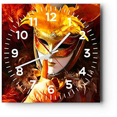 Modern Wanduhr Venezianische Maske bunt Karneval 30x30cm Quadrat Klein Wand Uhr Glas Analog Zimmeruhren Küche Büro Wohnzimmer Glasuhr Wall Clock Dekoration Design Küchenuhr C4AC30x30-0420