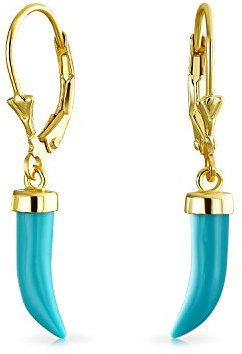 Italienisches Cornicello Chili Pfeffer Horn Glückszahn Amulett Blau Türkis Hebelrücken Dangle Ohrringe Westschmuck Für Frauen 14 Karat Vergoldetes .925 Sterling Silber