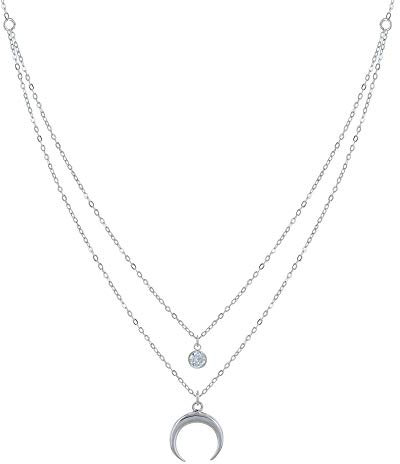 LES POULETTES BIJOUX - Collana Doppia Catena Argento 925 Mezzaluna e Zirconia - Bianco