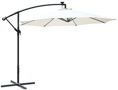 Outsunny 3(m) Banana Cantilever Parasol with Solar LED Lights, Garden Umbrella with Cross Base and Crank Handle, Hanging Offset Sun Shade for Outdoor, Patio, Cream White