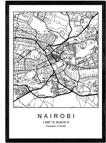 Blatt Nairobi Stadtplan nordischen Stil schwarz und weiß. A3 Größe Plakat Das Bedruckte Papier Keine 250 gr. Gemälde, Drucke und Poster für Wohnzimmer und Schlafzimmer