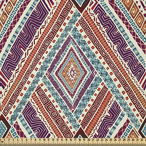 ABAKUHAUS Stammes Stoff als Meterware, Diagonal Ethno-Muster, Microfaser Stoff für Dekoratives Basteln, 1M (230x100cm), Lila und Teal