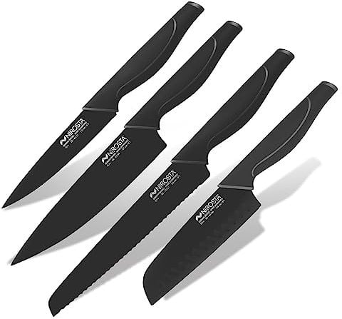 Nirosta Wave-Messer-Set, Verschiedene Messer mit Funktionsteil aus hochwertigem Edelstahl, Premium-Messer mit Soft-Touch Griff, hochwertige Messer für jeden Anlass(Farbe:Schwarz),Menge:1x4er Set