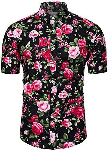 fohemr Mens Floral Shirt Short Sleeve Flower Print Button Down Hawaiian Summer Shirt Pattern Cotton Pink Floral Print Small