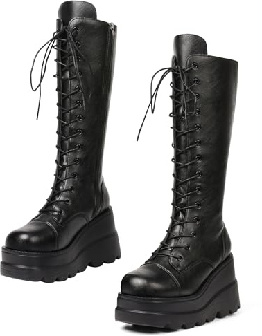 Womens High Platform Mid Calf Wedges Chunky High Heel Round-Toe Side Zip Fanshion Combat Boots For Women