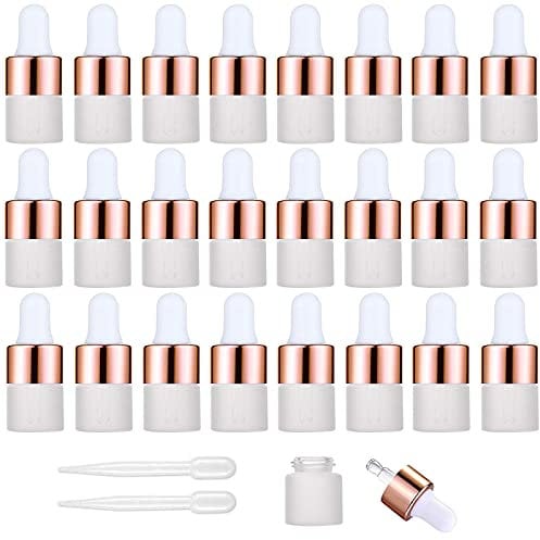 Yalbdopo 24Pcs, 1Ml Frosted Glass Sample Dropper Bottles, Empty Mini Bottles with Dropper Pipettes Rose Gold Metal Cap Refillable Sample Container for Essential Oils Perfume Cosmetic Liquid