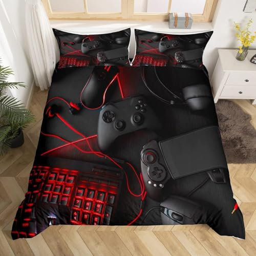 Game Comforter Cover Double Size Gamepad Bedding Set Game Console Modern Sci-Fi Style Duvet Cover for Teen Boys&girls Player Video Game Controller Quilt Set w Zipper Ties,1 Duvet Cover w 2 Pillowcases