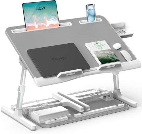 Laptop Bed Desk, Potuopy Leather Adjustable Height Angle Foldable Bed Table, X-Large Laptop Stand for Bed with Eco Wooden Board for Working Reading Eating on Bed Sofa Floor (Grey, 60 * 40cm)