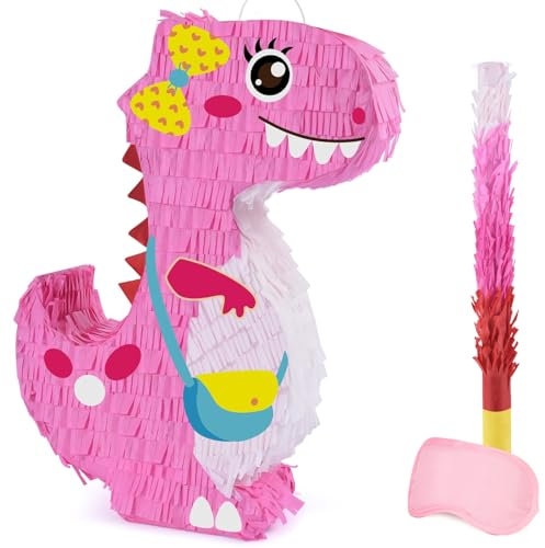 WERNNSAI Dinosaur Pinata - Dinosaur Birthday Party Supplies Pinata Bundle with a Blindfold and Bat for Girls Kids Dino Themed Party Supplies Perfect Party Game Activity Decoration (Pink Dinosaur)