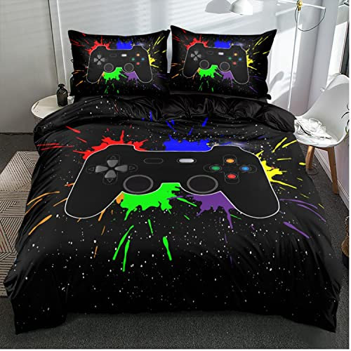 Gezu Bettwäsche 155x220cm Spiele Gamer Gamepad Jungen Schwarz Bunt Wende Bettwäsche Set 3D Effekt Druck Microfaser Bettbezug und 2 Kissenbezüge 80x80cm mit Reißverschluss