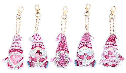 MWOOT 5 Stücke 5D Diamond Art Painting Keychain mit Zwerg Muster DIY, Double Sided Gnome Rhinestone Pasted Diamant Malerei Schlüsselbund, Schlüsselbund Stickerei Kunst Handwerk für Handtasche(Rosa)