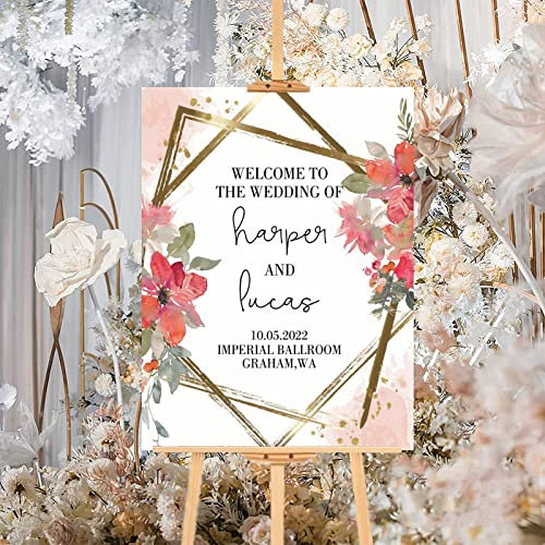 Panneau de bienvenue personnalisé pour mariage - Couronne florale rouge élégante en bois - Panneau de mariage vintage - Panneau de réception pour mariage - Décoration de fête de mariage - 45,7 x 61 cm