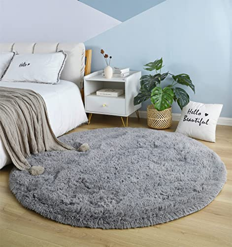 linyingdian Wohnzimmer Teppich runder Plüsch weicher Schlafzimmer Dekor Teppich, waschbar, rutschfest, hochfloriger runder Teppich, Teppich neben dem Bett (Grau, 140x140cm)