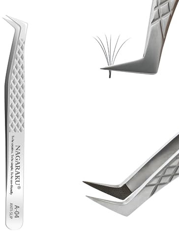NAGARAKU Pince Fibre Cils Volumineux Greffage Pince à Épiler Précision Professionnelle Poignée Antistatique Antidérapante Argent Acier Inoxydable Curved Tweezer pour Créer des Fleurs de Cils (A-04)