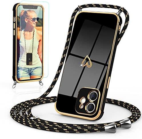 Togestar Handykette Hülle für iPhone 11 Handyhülle mit Band und Schutzfolie, Kameraschutz Herz Love Design 360 Grad Stoßfeste Schutzhülle Silikon TPU mit Kordel zum Umhängen, Schwarz