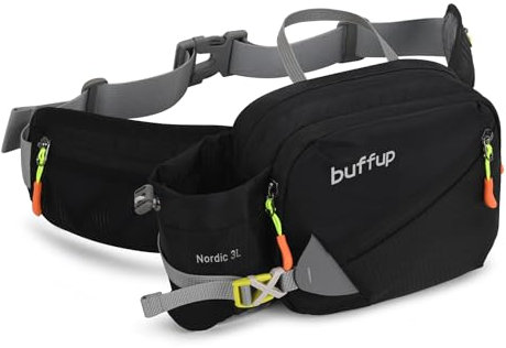 buffup® Bauchtasche mit flaschenhalter,hüfttasche Sport für Outdoor hundetraining Radfahren wandern Laufen,gürteltasche Damen Herren groß (Schwarz ·)