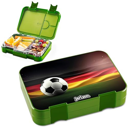 Jarlson® Brotdose Kinder mit Fächern - TONI Lunchbox - Bento Box auslaufsicher – Jausenbox für Kindergarten und Schule - Mädchen und Jungen | Vesperbox | Snackbox (FUSSBALL)