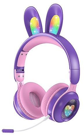 Woukksy Cuffie Bluetooth per Bambini, Pieghevole Cuffie Wireless con Microfono Staccabile, Orecchie di Coniglio Luci LED, Cuffie per Bambina Over Ear 85dB Limitatore di Volume per Scuola/Viaggi