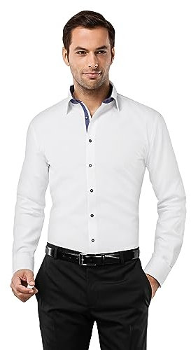 Vincenzo Boretti Herren Hemd bügelfrei 100% Baumwolle Slim-fit Uni-Farben weiß/dunkelblau 39-40