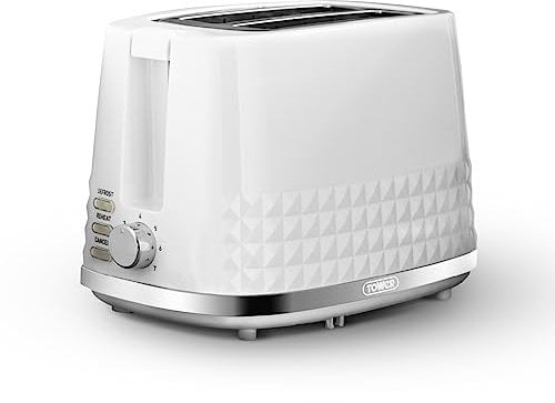 Tower T20082WHT Solitaire 2 Slice Toaster Black Chrome Accents, 850W, White