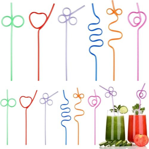 KAEGOUSY 12 Pcs Creative Colourful Novelty Party Straws - Reusable Plastic Crazy Loop Curly Straws for Kid Birthday Juices Cocktails