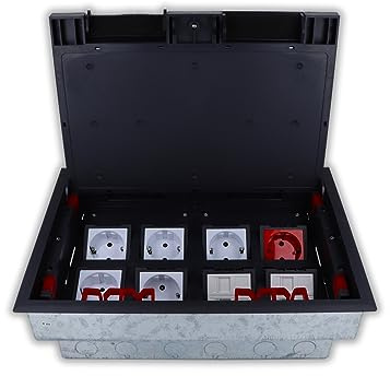 Kunststoff Bodentank Bodendose IP20 bestückt 6 VDE Schuko Steckdose + 4 Netzwerkdosen LAN Dosen Datendose Einbaufertig Fußbodendose Steckdosenbox Deckel versenkbar trocken Hohlböden Luxus-Time