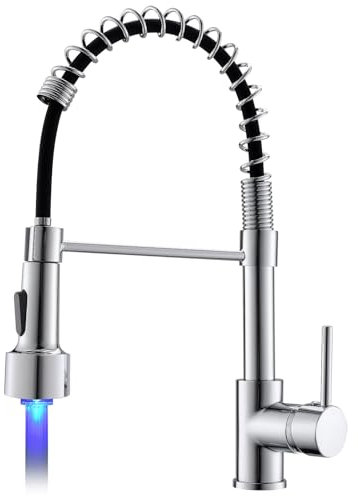 TIMACO LED Küchenarmatur Chrom Wasserhahn Küche mit Spiralfeder, 360°Schwenkbare Spültischarmaturen mit Zwei Auslauf- Hochdruck