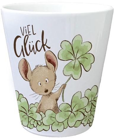 Maus Blumentopf mit Spruch Viel Glück EIN Pflanzentopf als Glücksbringer Motiv süße Glück Übertopf bringender Klee Zeichnung für Frauen Keramik Fenstersims Dekoration Glücksbote