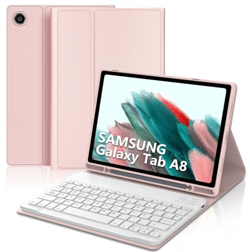 WAVATA Funda con Teclado para Samsung Galaxy Tab A8 10.5'', Teclado Bluetooth Desmontable con Portalápices - Español Ñ Teclado para Samsung Galaxy Tab A8 10.5 2021(SM-X200/X205/X207) - Oro Rosa