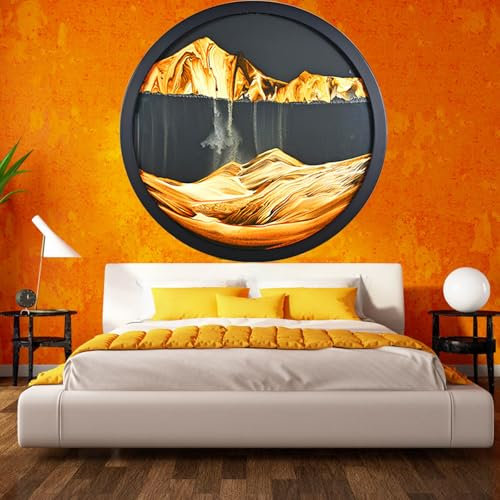 JZWLW Paysage de sable rotatif 3D - Art de sable mobile - 44-60cm - Cadre rond en verre pour sable des profondeurs marines, décoration murale, salon, bureau, cadeaux (44cm, yellow + black)