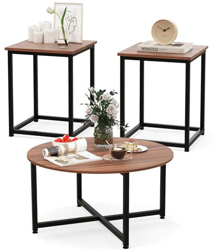 LIFEZEAL Juego de 3 mesas de Centro, 2 mesas cuadradas con Mesa Auxiliar Redonda, Mesa de salón con Estructura metálica, Conjunto de Mueble de sofá de diseño Moderno, para salón Dormitorio (Nogal)
