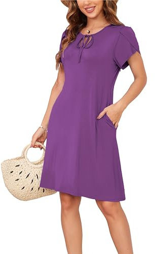 Vestito Donna Abito Corto Estivi Elegante Maniche Corte Casual T Shirt Swing Dress Viola S