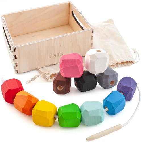 Ulanik Fädelspiel Stapelsteine Montessori Spielzeug ab 3 Jahre Baby Perlen zum Auffädeln Balance Spiel für Zählen und Sortieren Farben Lernen — 12 Holzsteine