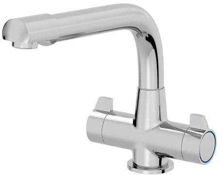 Lussena® Valley Kitchen Sink Mixer Tap Fixed Spout Brass Body Twin Dual Lever Handles for Sinks Taps Faucet Modern Round Deck Mounted Monobloc, Chrome