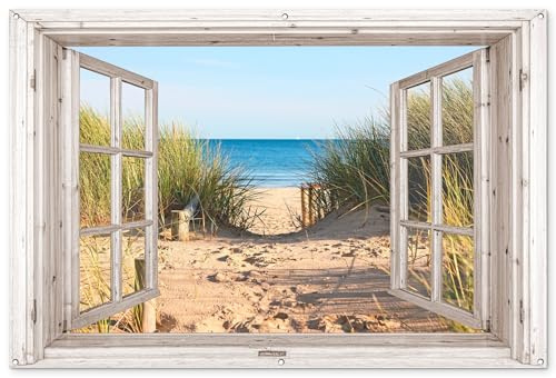 MuchoWow© Gartenposter Groß 180x120 cm XXL Outdoor Bilder Gartendeko für draußen Wetterfest Garten Deko Banner Sichtschutzmatte Draußen Bild Fensterblick - Strand - Meer - Dünen - Sand - Wasser