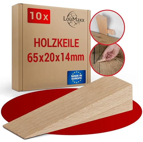LouMaxx Juego de 10 cuñas de madera pequeñas de haya/fresno natural, 65 x 20 x 14 mm, cuñas de madera dura robustas como cuña de puerta, cuñas de montaje y cuñas de colocación, cuñas de madera