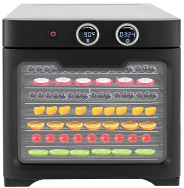 Dörrautomat, 800 W Edelstahl Dörrautomat 8 fach mit Temperaturregler (20 °C – 90 °C), 24 Std. Zeitschaltuhr, für Lebensmittel Fleisch Früchte Gemüse