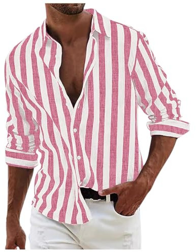 Chemise à manches longues pour homme - Décontractée - Rayée - Vacances - Cardigan - Chemise sans repassage - Chemise à manches longues - Coupe confortable - Chemise à manches longues pour homme, Rose,