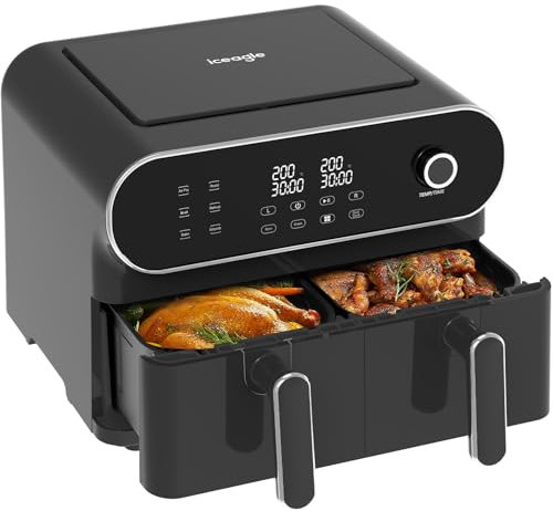iceagle Friggitrice ad aria calda a 2 camere, 11 l, XXL – 1700 W, friggitrice ad aria calda con manopola | friggitrice ad aria calda senza olio con display digitale, 6 programmi, nero