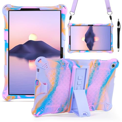 DUEDUE Silicone Case for Lenovo M10 3rd Gen 10.1 2022 Kids Tablet Cover(TB328FU/TB328XU), Soft Rubber Shockproof Rugged Protective Kickstand Case with Stylus Pen Adjustable Shoulder Strap, Purple