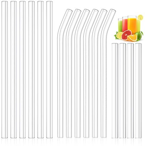 Kiemeu 16 Pack Clear Glass Straws for Drinking, Φ10 mm Wide Straws for Smoothies, Cocktail and Other Drinks, Family Pack