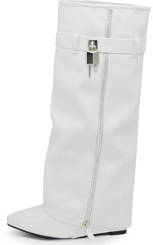 IF FASHION Stivali Alti A Punta Gambale A Ghetta Con Zeppa Zip Cerniera Luchetto Da Donna G690 Bianco N.36