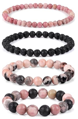 Aidenn Rhodonit Armband Damen Naturstein Edelstein Perlenarmband Damen Lavastein Armband Heilsteine Armband Anti Stress Perlen armbander set,Handmade Schmuck Geschenk