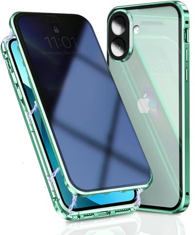 OMGZONE Privacy Case for iPhone 16 Magnetic Cover,Screen Protector built-in Anti-peep Tempered Glass Full Cover with Camera Protector,360 Degree Metal Bumper Case for iPhone 16,Green