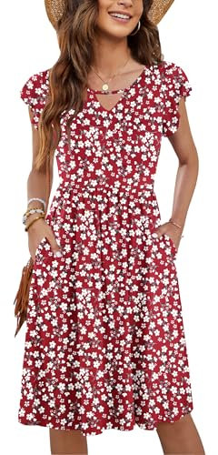 PLOKNRD Women's Summer Dress V-Neck Ruffle Sleeve Ladies Dress Elastic Waist Loose Swing Casual Dress with Pockets Knee Length (Red Flowers,M)