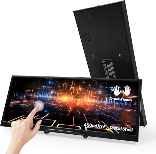 12.3 Inch Mini Touchscreen Monitor 1920x720 IPS Stretched Bar LCD Display, 450cd/m², HDR, Mini HDMI USB C Small Portable Touch Screen for PC Laptop Phone Windows Aida64 GPU CPU RAM Monitoring, VESA