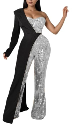Foweknow Pailletten Jumpsuit Damen Glitzer Overall Für Damen Sexy Glänzend Lang Onesie Modischer One Shoulder Festlich Outfit Sommer Lang Playsuit Hosen Faschingskostüm Für Karneval