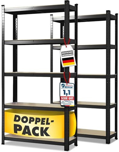 OfficeMarshal Doppelpack Schwerlastregale schwarz, 200 x 120 x 60 cm | Steckregal, Lagerregal, Standregal, Stecksystem ohne Werkzeug montierbar (Lakota)
